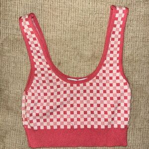 Zara Pink and White Checkered Knit Top